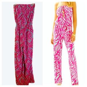 Lilly Pulitzer Pink & Blue Strapless Wide Leg Jumpsuit Tie Waist Pockets Small